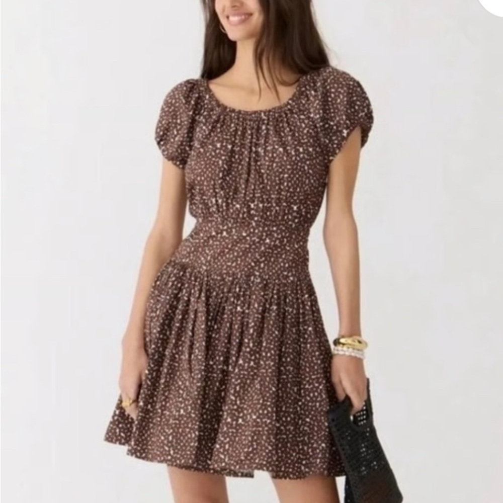J. Crew Brown Smocked Puff Sleeve Mini Dress